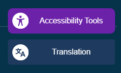A purple image displaying an accessibility icon and the words, Accessibility Tools. Below it a blue icon which has a translation icon and Translation in text