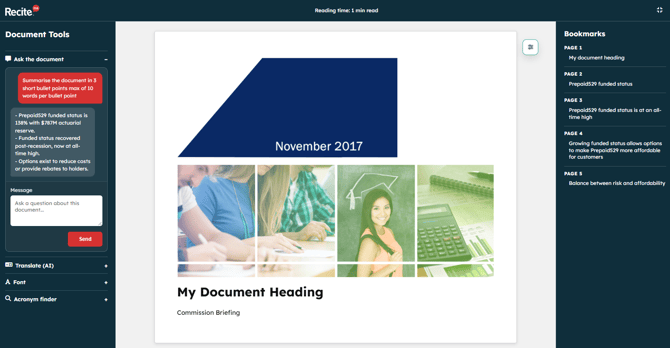 Recite Me example of a simplified HTML version of a PDF document with tool listed on the left hand side and a bookmark list on the right hand side to help users access content in their preferred way