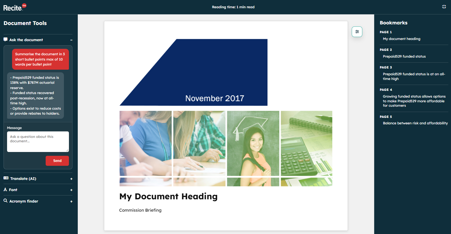Recite Me example of a simplified HTML version of a PDF document with tool listed on the left hand side and a bookmark list on the right hand side to help users access content in their preferred way