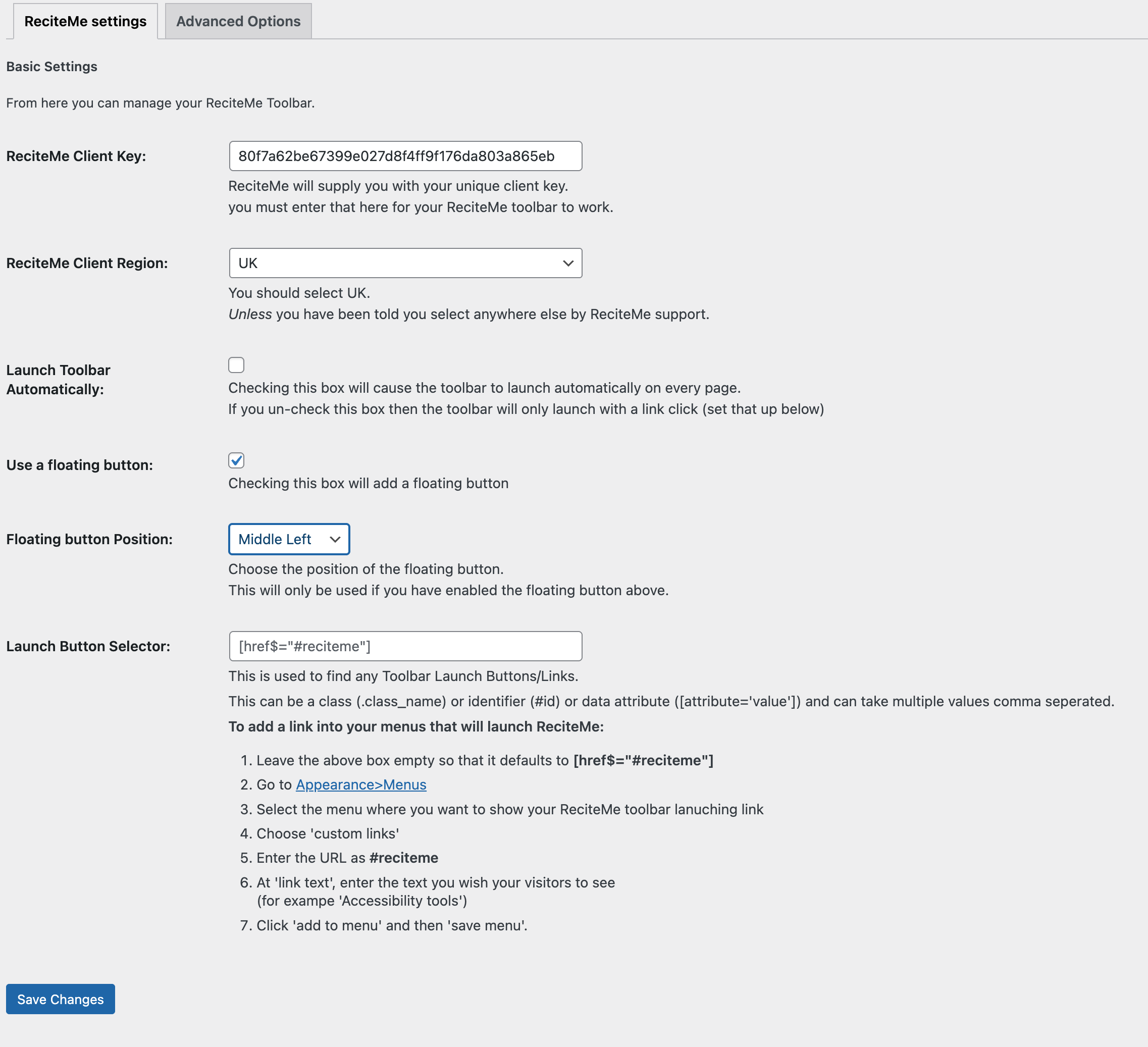 Wordpress Floating Button update settings screenshot